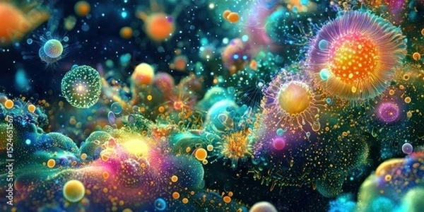 Fototapeta A vibrant microscopic universe teeming with glowing, surreal microorganisms
