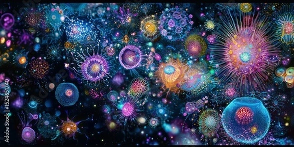 Fototapeta A vibrant microscopic universe teeming with glowing, surreal microorganisms