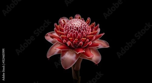 Obraz Close up shot of a torch ginger flower with red petals on a black background space