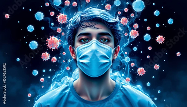 Obraz Young man wearing protective face mask surrounded by virus particles in surreal blue background