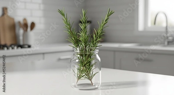 Obraz Rosemary sprigs in a glass jar on a white kitchen counter with blurred background