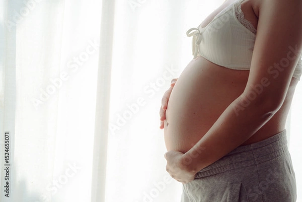 Obraz Young happy pregnant woman posing in studio with white curtains in background