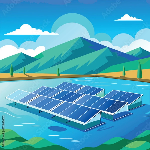 Fototapeta Modern Vector Design of Interconnected Solar Panels on a Calm Lake  