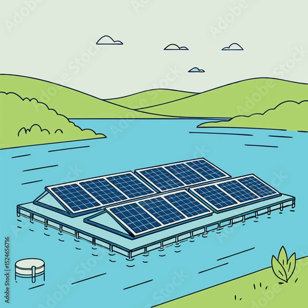 Fototapeta Flat Vector Art of Solar Panels with Subtle Reflections on a Lake  