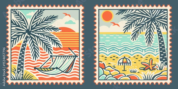 Fototapeta Two Summer Vacation Themed Postage Stamps with Palm Trees Beaches Hammocks and Tropical Seaside Views in a Retro Style
