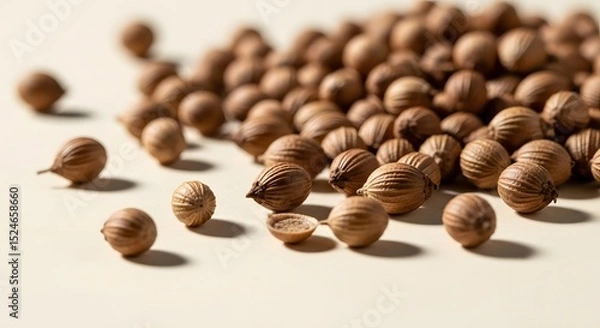 Obraz A close up view of a pile of coriander seeds on a light surface in soft lighting