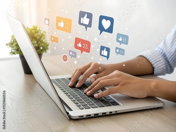Obraz Person typing on laptop with floating social media icons, including likes, comments, and hearts. Engaging online communication concept for marketing, interaction, or content sharing visuals.