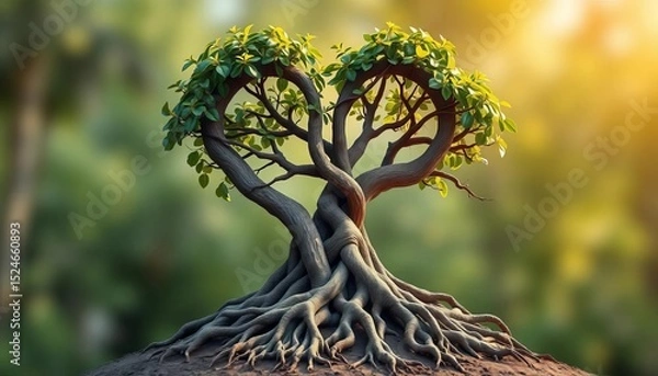 Fototapeta Heart-shaped tree with intertwined roots, symbolizing unbreakable bond, spring, wood