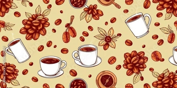 Fototapeta Hand-drawn vintage coffee seamless pattern featuring coffee beans, cups, and cafe elements, seamless,  hand-drawn