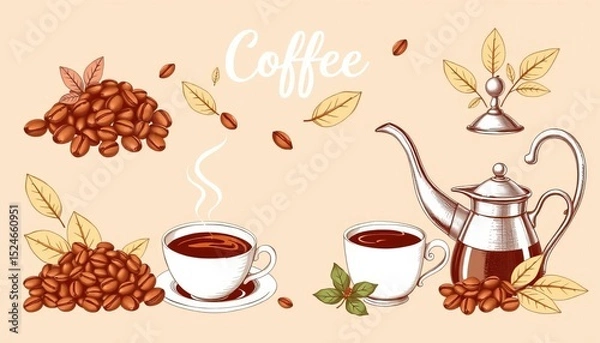 Fototapeta Hand-drawn vintage style coffee vector set; illustrations include beans, cups, pots, and leaves,  element,  design