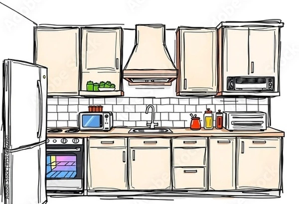 Fototapeta Hand-drawn sketch of kitchen cabinets, countertops, and appliances,  graphic design,  element