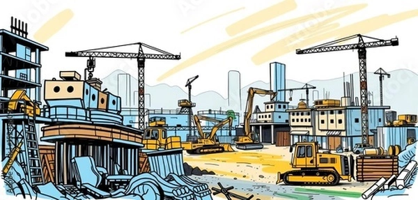 Fototapeta Hand-drawn vector illustration of a construction site with various equipment and buildings, sketchy style,  outline,  image