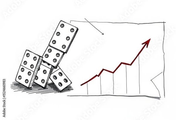 Fototapeta Hand-drawn sketch of falling dominoes, crumpled paper, and a downward trending graph,  down,  image