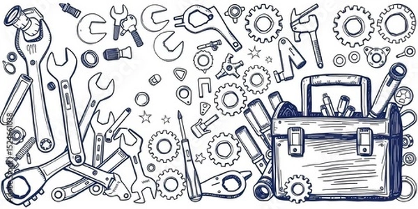 Fototapeta Hand-drawn doodles of wrenches, screwdrivers, gears, and a toolbox, suggesting repair services,  cartoon,  retro
