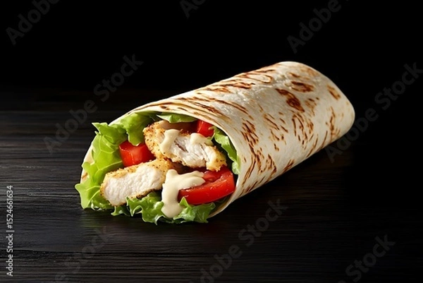 Fototapeta Delicious Chicken Wrap Featuring Crispy Breaded Chicken, Fresh Lettuce, Tomato, and Creamy Sauce
