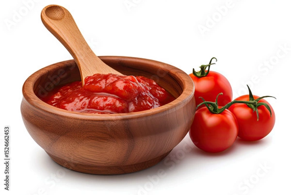 Fototapeta Wooden bowl and spoon with tomato paste on white background