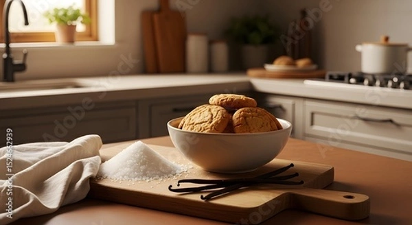 Obraz A bowl of cookies with sugar and vanilla beans on a wooden board in a kitchen setting