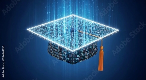 Obraz A 3D render of a graduation cap, adorned with binary code, showcasing the integration of technology in education.