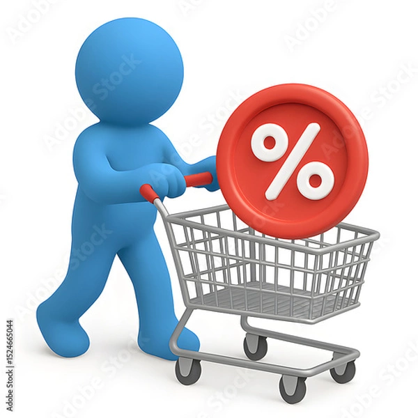 Fototapeta 3D Cartoon Character Pushing Shopping Cart with Percentage Sign Discount
