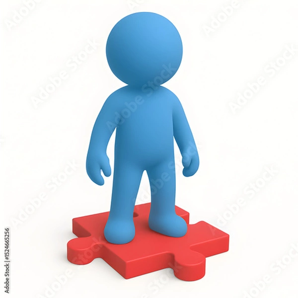 Fototapeta 3D Blue Figure Standing on a Red Puzzle Piece, Solution, Success, and Teamwork Concept