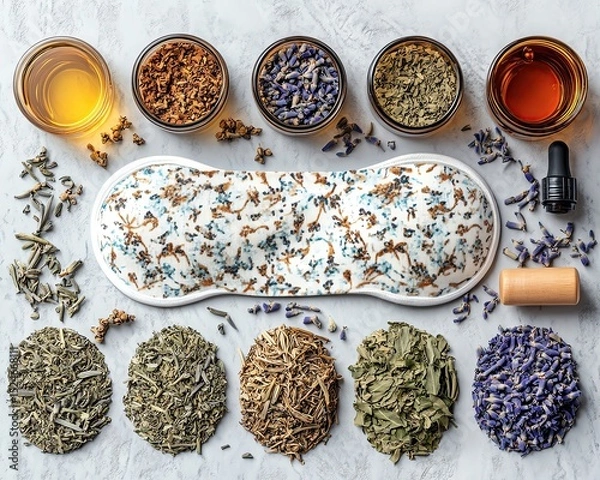 Fototapeta Herbal remedies setup with various ingredients.