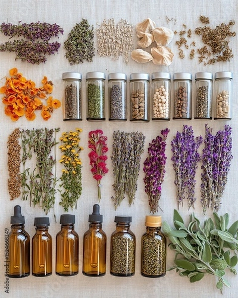 Fototapeta Collection of herbs and essential oils organized neatly.