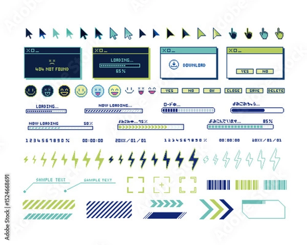 Obraz スタイリッシュでかっこいいインターネット装飾イラストセット　マウスカーソル　ウィンドウ　プログレスバー　ピクセル