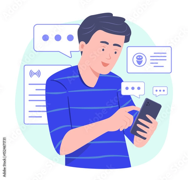 Fototapeta Happy Young Man Chatting with AI Chatbot Application on Mobile Phone for Artificial Intelligence Technology and Telecommunication Concept Illustration