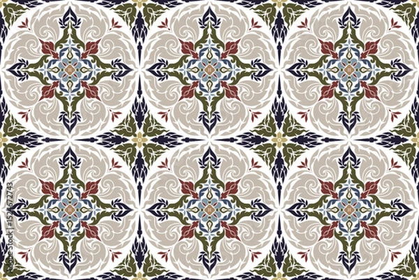Fototapeta seamless traditional Thai art floral circle pattern in damask style motifs suitable for tile, textile, clothing, curtain, wallpaper and fabric design isolated illustration vector archive EPS file.