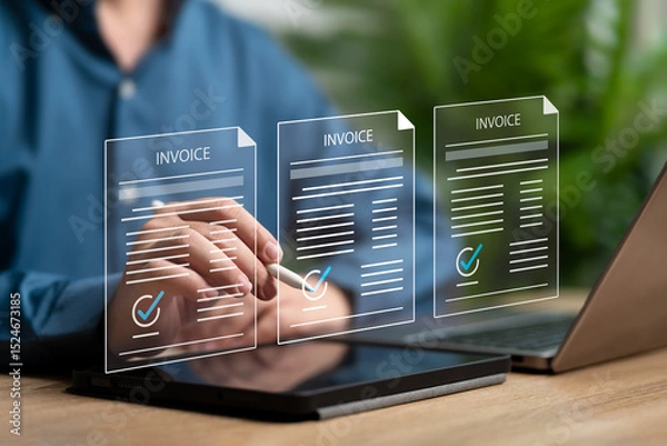 Fototapeta E-Invoice approved and online digital statements concept, Businessman checks budget of company and signs approved payment on document online, Receiving payments, E-statements, Digital electronic bill