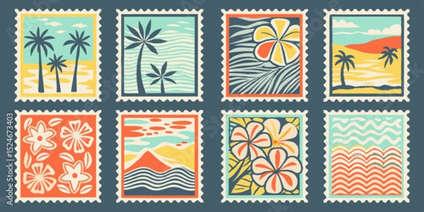Fototapeta Collection of Eight Stylized Tropical Stamps Featuring Palm Trees Flowers Beaches and Mountain Landscapes in a Retro Colorful and Graphic Design set