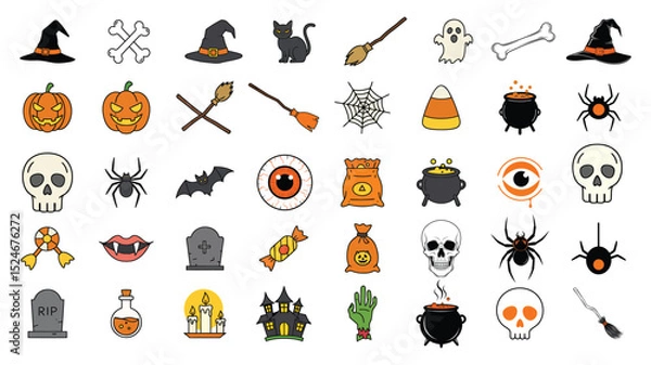 Fototapeta Flat Halloween Icon Set – Spooky and Fun Vector Illustrations of Pumpkins, Witches, Ghosts, Skulls, Spiders, Bats, Candy, and Halloween Decorations for Seasonal and Holiday Design Projects