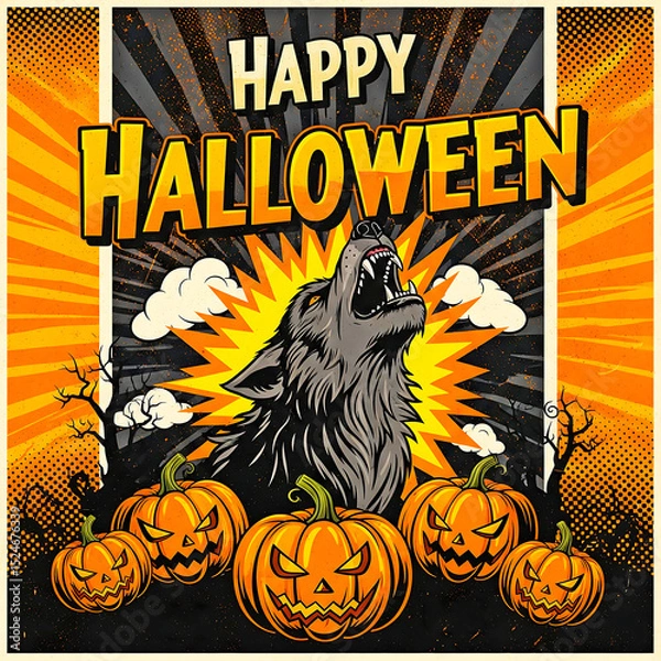 Fototapeta Happy Halloween Retro Poster Template Design with Howling Werewolf and Jack-o'-Lanterns
