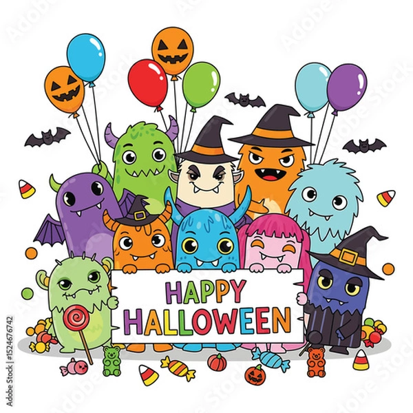 Fototapeta Cute Happy Halloween Monsters Holding Sign with Candy and Balloons on White Background - A Flat Vector Illustration