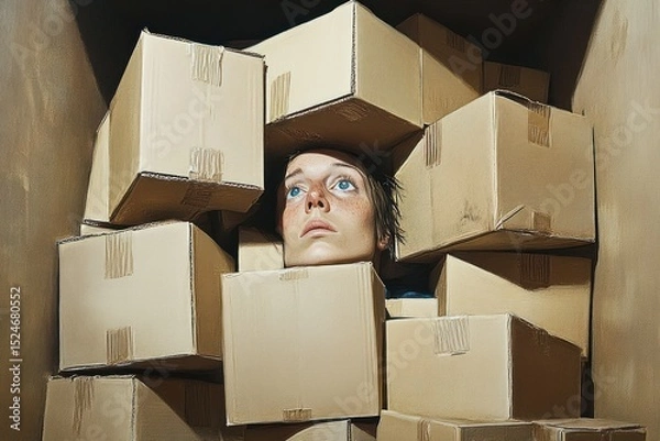 Fototapeta Person surrounded and partially hidden by many stacked cardboard boxes inside a confined space with a thoughtful and slightly anxious expression