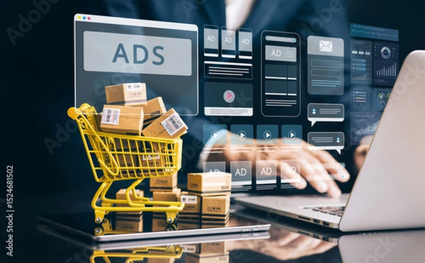 Fototapeta Online shopping with customer service and support.Kpi system and data analysis.Digital marketing.Planning and strategy.Ads promotion with target