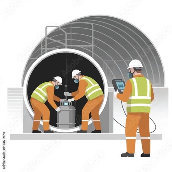 Fototapeta Industrial workers conducting maintenance and monitoring a cylindrical structure wearing protective gear and using specialized equipment inside an industrial facility during inspection and testing.