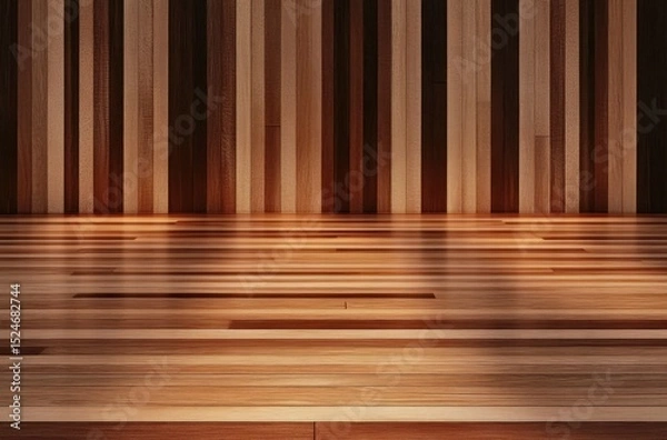 Fototapeta Empty wooden room with polished floor and vertical wood panel walls reflecting warm natural light