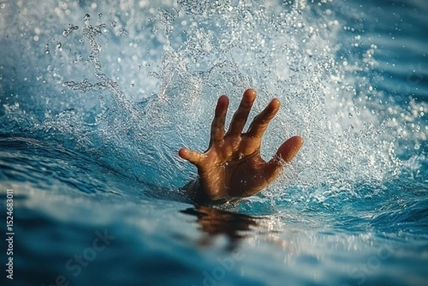 Fototapeta Close-up of a hand emerging from water with splashes around it, suggesting struggle or reaching out in a turbulent aquatic environment