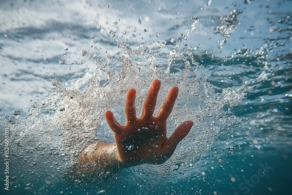Fototapeta Underwater image of a hand reaching up through splashing water bubbles, conveying a sense of urgency and struggle