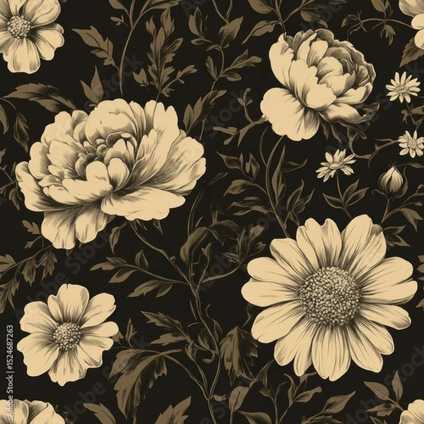 Obraz intricate floral pattern with large detailed cream-colored flowers and leaves on a dark background conveying elegance and vintage charm