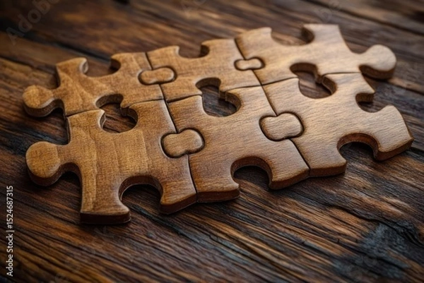 Obraz Close-up of partially assembled wooden puzzle pieces lying on a dark wooden surface showcasing natural textures and warm tones