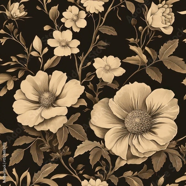Obraz Detailed vintage botanical illustration of various blooming flowers and leaves in warm beige tones on a dark background