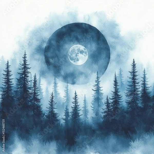 Obraz A mystical night forest with tall pine trees silhouetted against a large glowing full moon surrounded by a dark circular aura and misty blue atmosphere