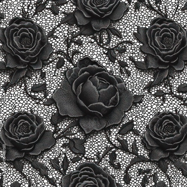 Obraz Detailed black lace fabric with intricate floral pattern featuring large roses and leaves on a fine netted background