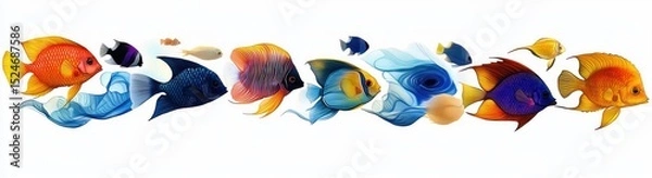 Obraz Colorful tropical fish of various species swimming in a line over a white background with flowing blue water elements
