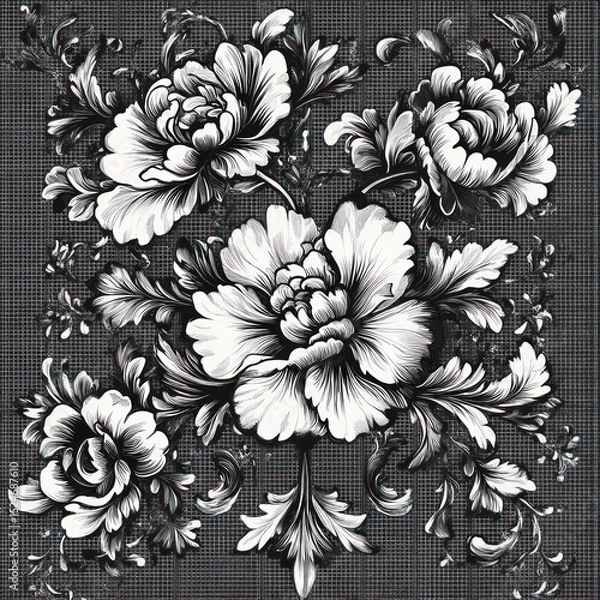 Obraz intricate black and white floral design featuring large blooming flowers with detailed petals and ornate leaves on a textured grid background, evoking elegance and sophistication