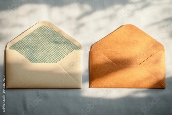 Obraz Two open envelopes side by side on a fabric surface with soft shadows and warm natural lighting