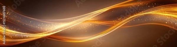 Obraz Abstract golden wave-like light trails with sparkling particles flowing smoothly over a dark brown background, evoking a sense of elegance and motion