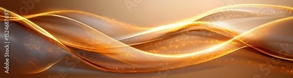 Obraz Flowing golden and amber waves with glowing sparkling light trails on smooth gray background, evoking a sense of dynamic movement and warmth